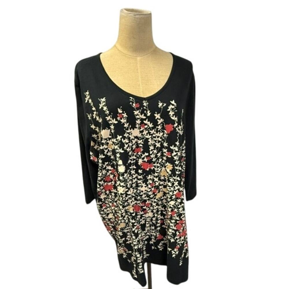 hics"ULLA POPKEN" Black V Neck‎ 3/4 Sleeve T-Shirt Full Front Graphics SZ 20/22